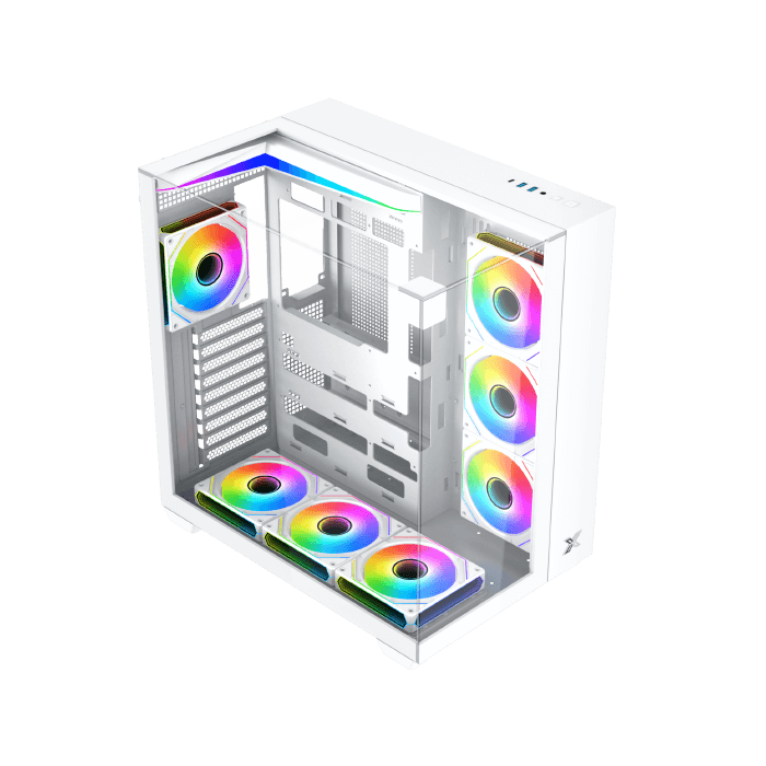 Xigmatek Aqua V Arctic (NEW) White Panoramic Dual Chamber ATX Gaming PC Case (Tempered Glass, pre-installed 7 ARGB Fans) EN49088 - كيس أبيض