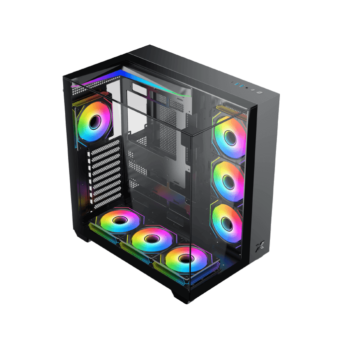 Xigmatek Aqua V ( NEW ) Panoramic Dual Chamber ATX Gaming PC Case (Tempered Glass, pre-installed 7 ARGB Fans) - كيس