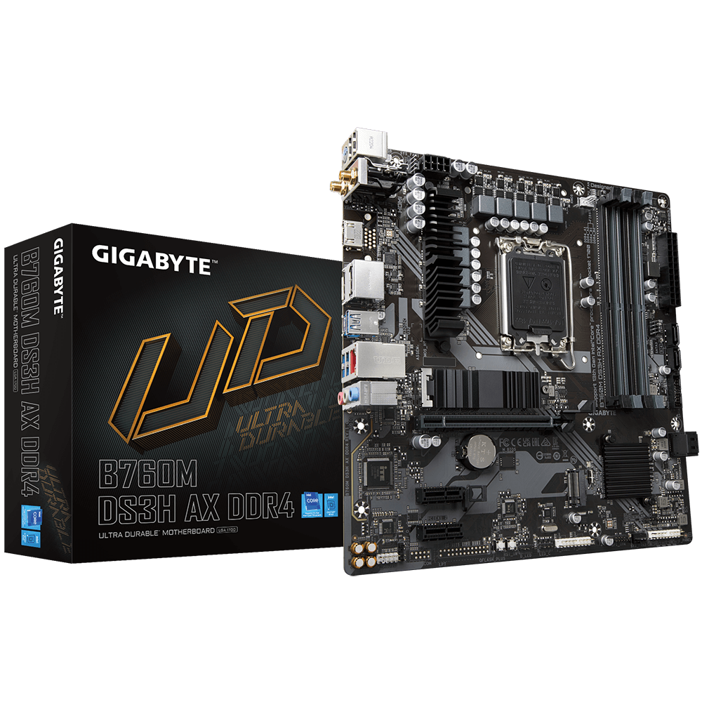 GIGABYTE B760M DS3H AX LGA1700 mATX Motherboard, Wi-Fi 6E, 4xDDR4 DIMM, PCIE 4.0, Black - لوحه ام