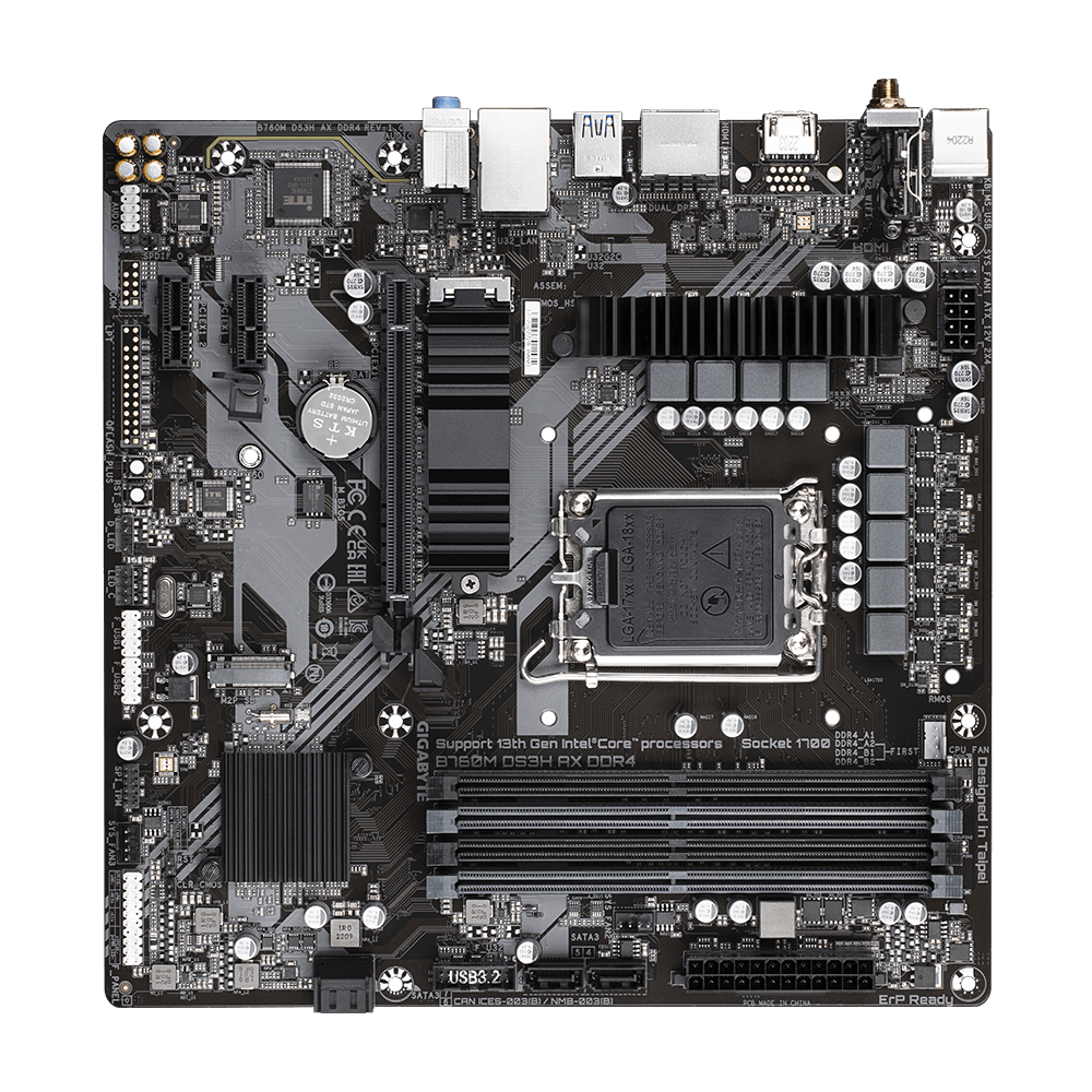GIGABYTE B760M DS3H AX LGA1700 mATX Motherboard, Wi-Fi 6E, 4xDDR4 DIMM, PCIE 4.0, Black - لوحه ام