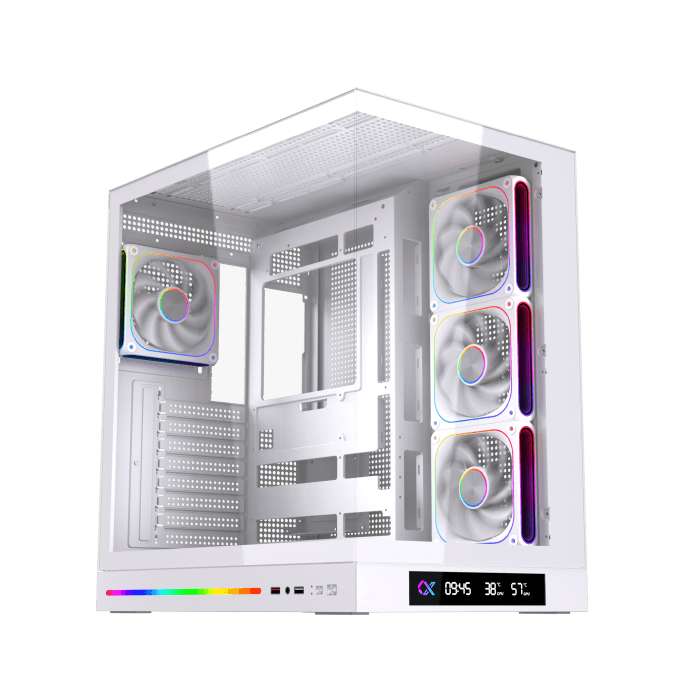 Xigmatek Cloud DGT Arctic Digital LCD ATX PC Case (Dual Tempered Glass, BTF Back-Plug Support, 4 pre-installed ARGB PWM ARGB Fans) White - كيس