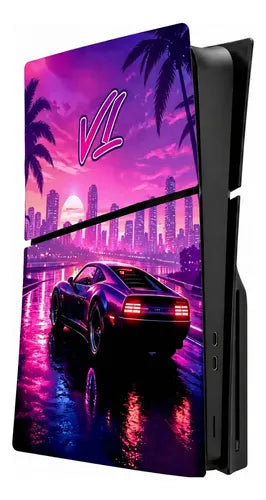 GTA 6 Edition Custom Console Cover Plates for PS5 Slim Disc Edition – Vice City Pink/Cyan Aesthetic, ABS Shell & Ventilation Vents - غلاف سوني 5