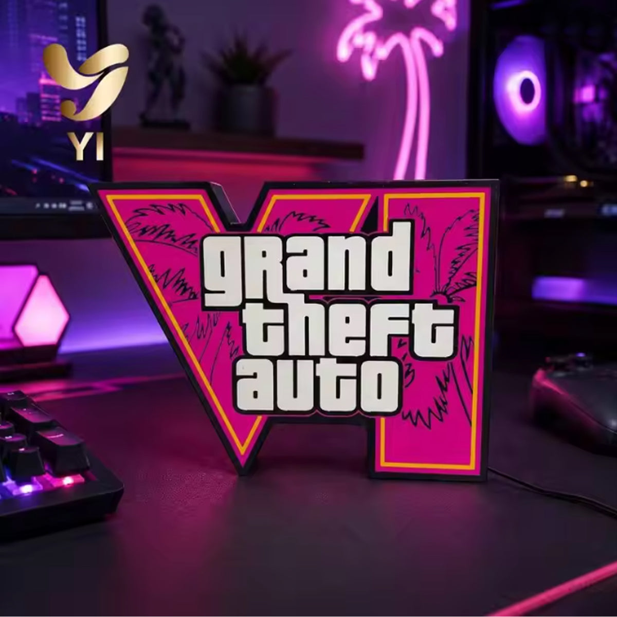 GTA 6 Horizon Logo 3D-Printed USB Ambient Light (23.5×17.5 cm) – Cool Desktop & PC Case Gaming Light Box - مجسم ثلاثي الأبعاد مضيء