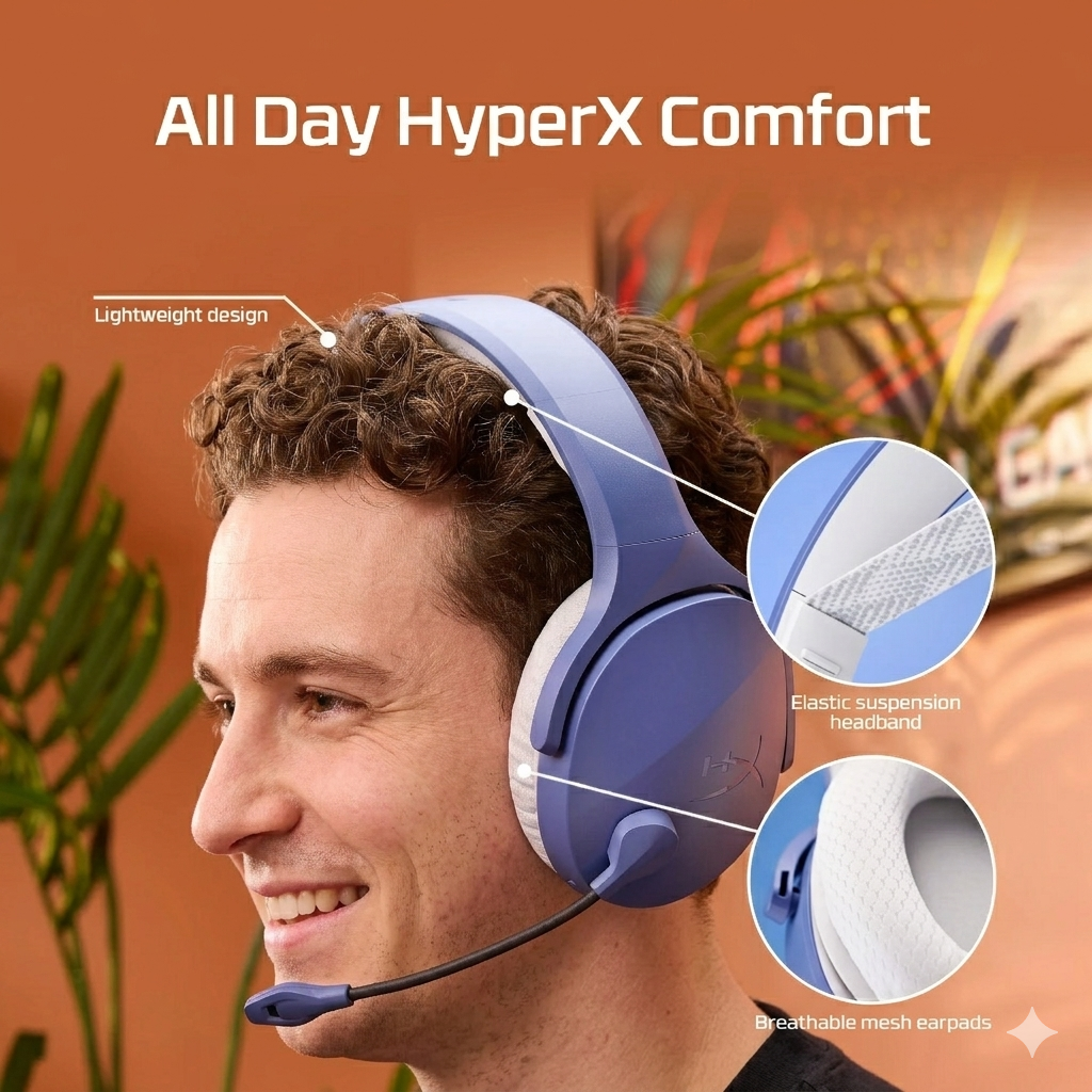 HyperX Cloud Jet Wireless Gaming Headset (Dual Wireless 2.4GHz + Bluetooth 5.3, 40mm Drivers, Up to 25 Hours Battery, PC/PS5/Mobile)  - Blue- سماعة قيمنق وايرليس