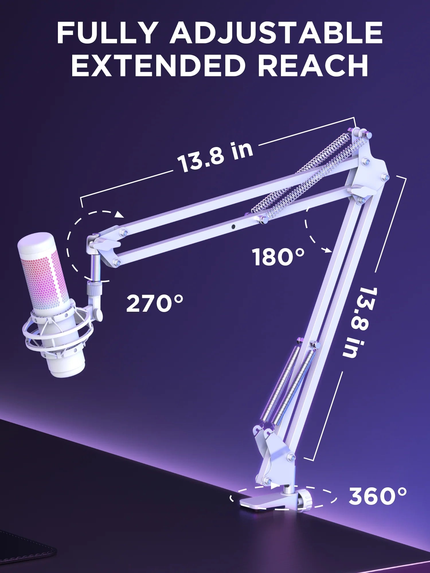 InnoGear(  MU01B ) WHITE   Boom Arm Microphone Mic Stand for Blue Yeti HyperX QuadCast SoloCast Snowball Fifine Shure SM7B and other Mic - WHITE  - ستاند للمايك