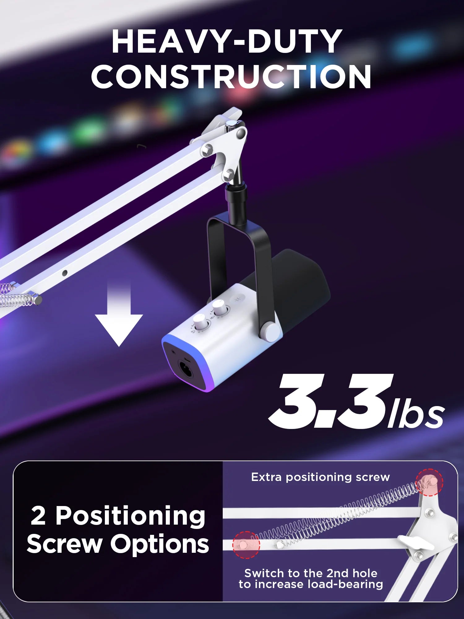 InnoGear(  MU01B ) WHITE   Boom Arm Microphone Mic Stand for Blue Yeti HyperX QuadCast SoloCast Snowball Fifine Shure SM7B and other Mic - WHITE  - ستاند للمايك