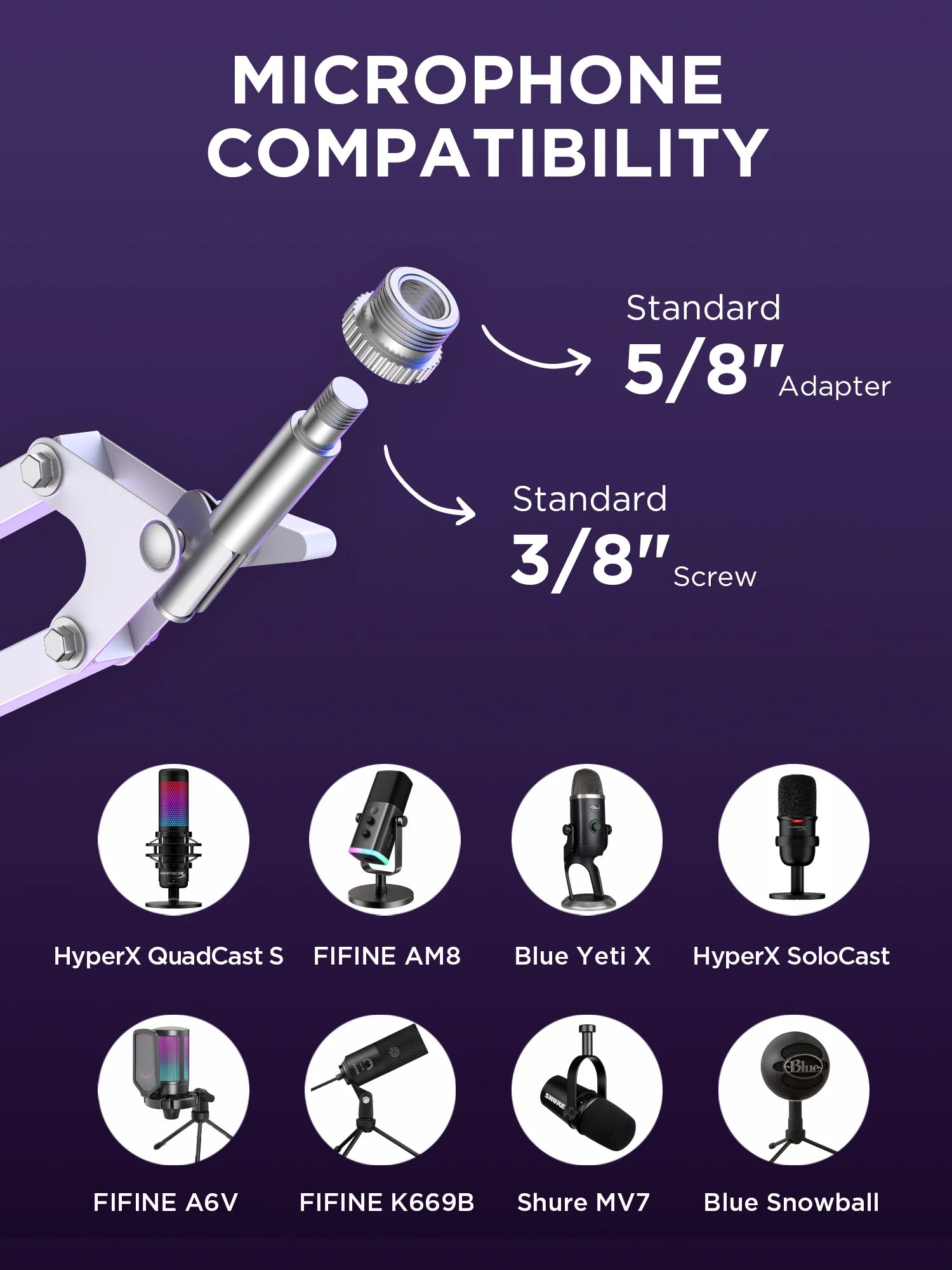 InnoGear(  MU01B ) WHITE   Boom Arm Microphone Mic Stand for Blue Yeti HyperX QuadCast SoloCast Snowball Fifine Shure SM7B and other Mic - WHITE  - ستاند للمايك