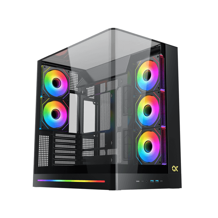 XIGMATEK Pano II E-ATX Medium Tower Case with One-Piece Curved Tempered Glass, 8 x 120mm ARGB Fans and PWM Remote Case, Vertical GPU Mount Included- كيس العاب أسود للكمبيوتر