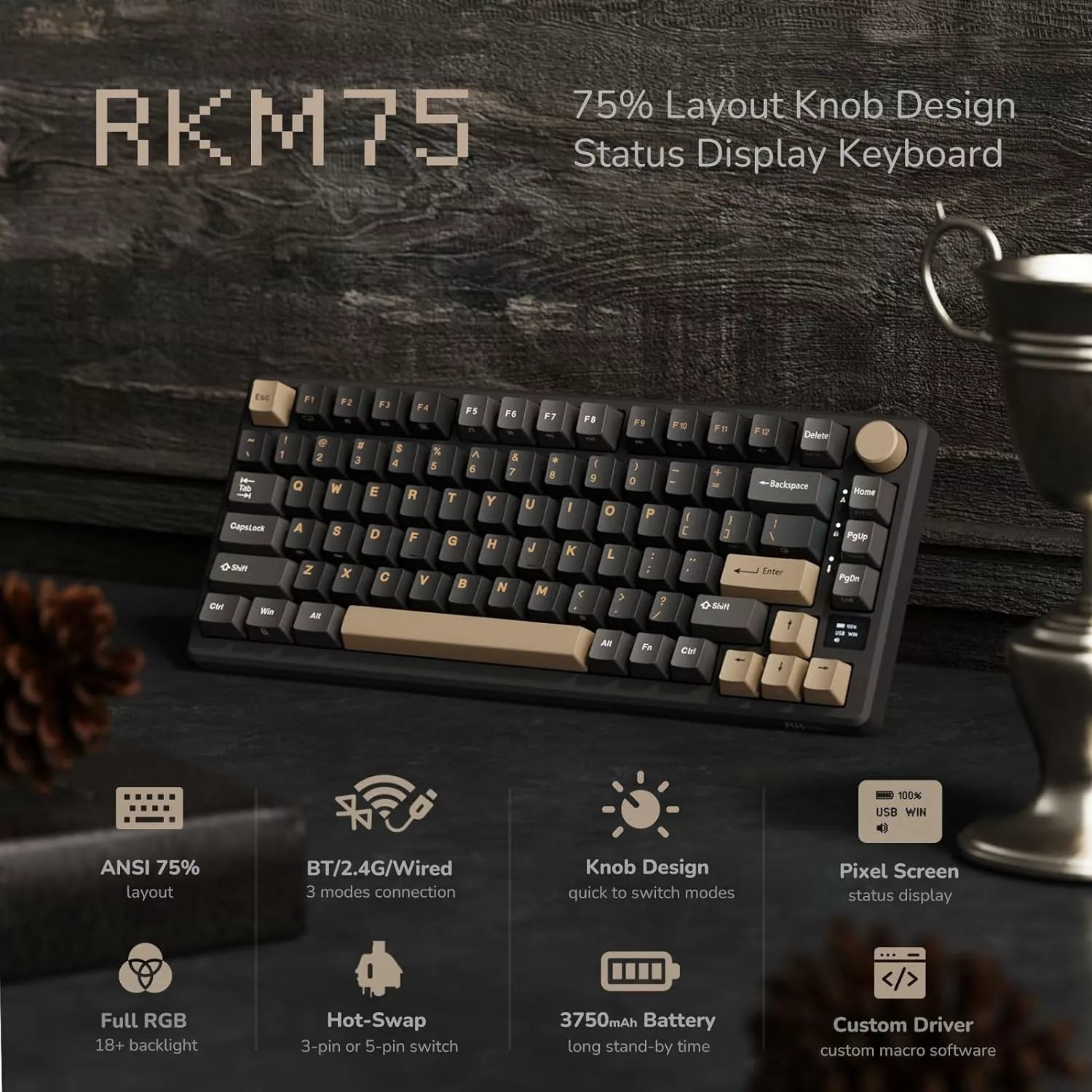 RK Royal Kludge M75 75% Wireless Gaming Keyboard, US QWERTY Layout, BROWN Switch, RGB Lighting, Hot Swappable, OLED Smart Display & Knob, Tri-Mode Connectivity, 3750mAh, Phantom | M75-  كيبورد ميكانيكل وايرليس