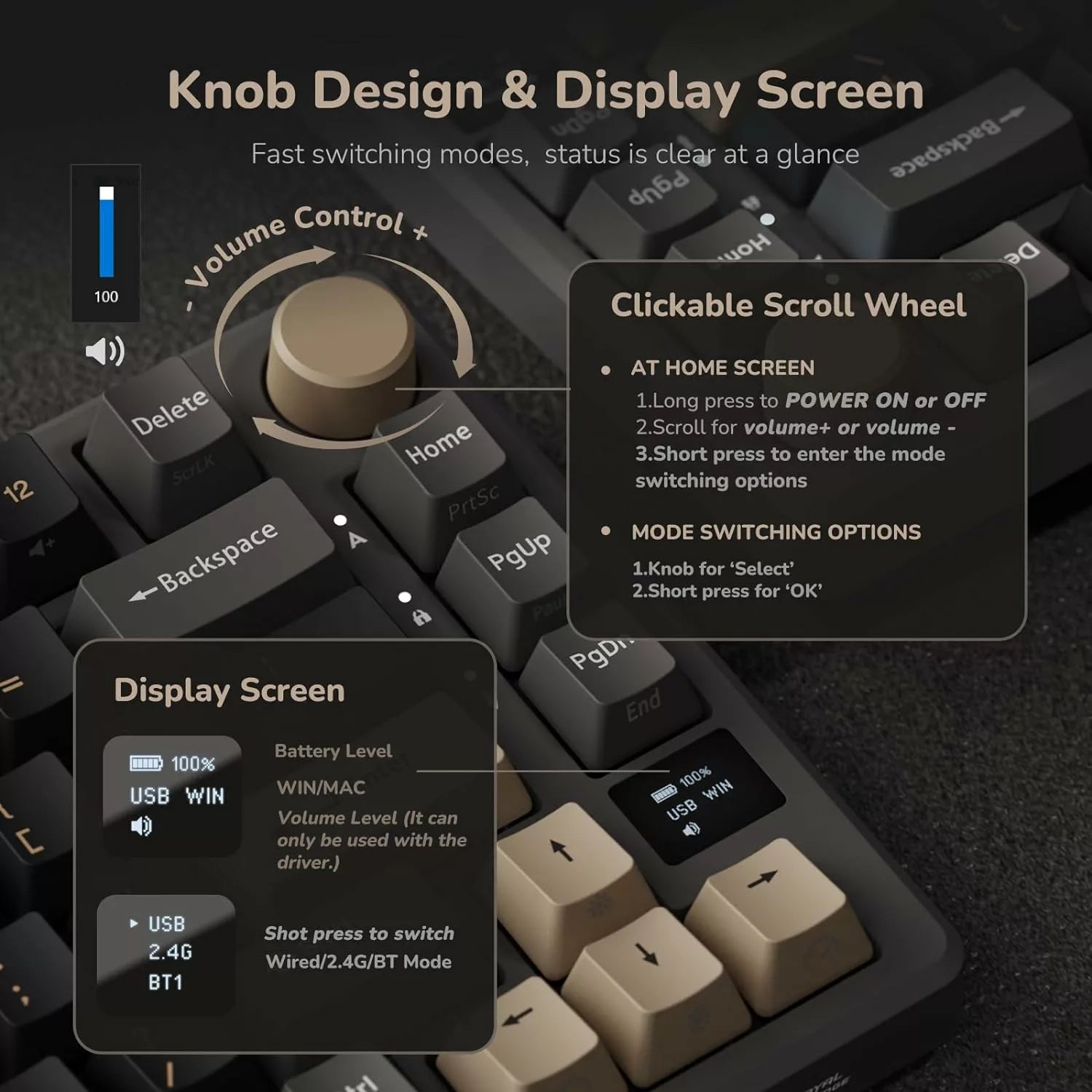 RK Royal Kludge M75 75% Wireless Gaming Keyboard, US QWERTY Layout, BROWN Switch, RGB Lighting, Hot Swappable, OLED Smart Display & Knob, Tri-Mode Connectivity, 3750mAh, Phantom | M75-  كيبورد ميكانيكل وايرليس