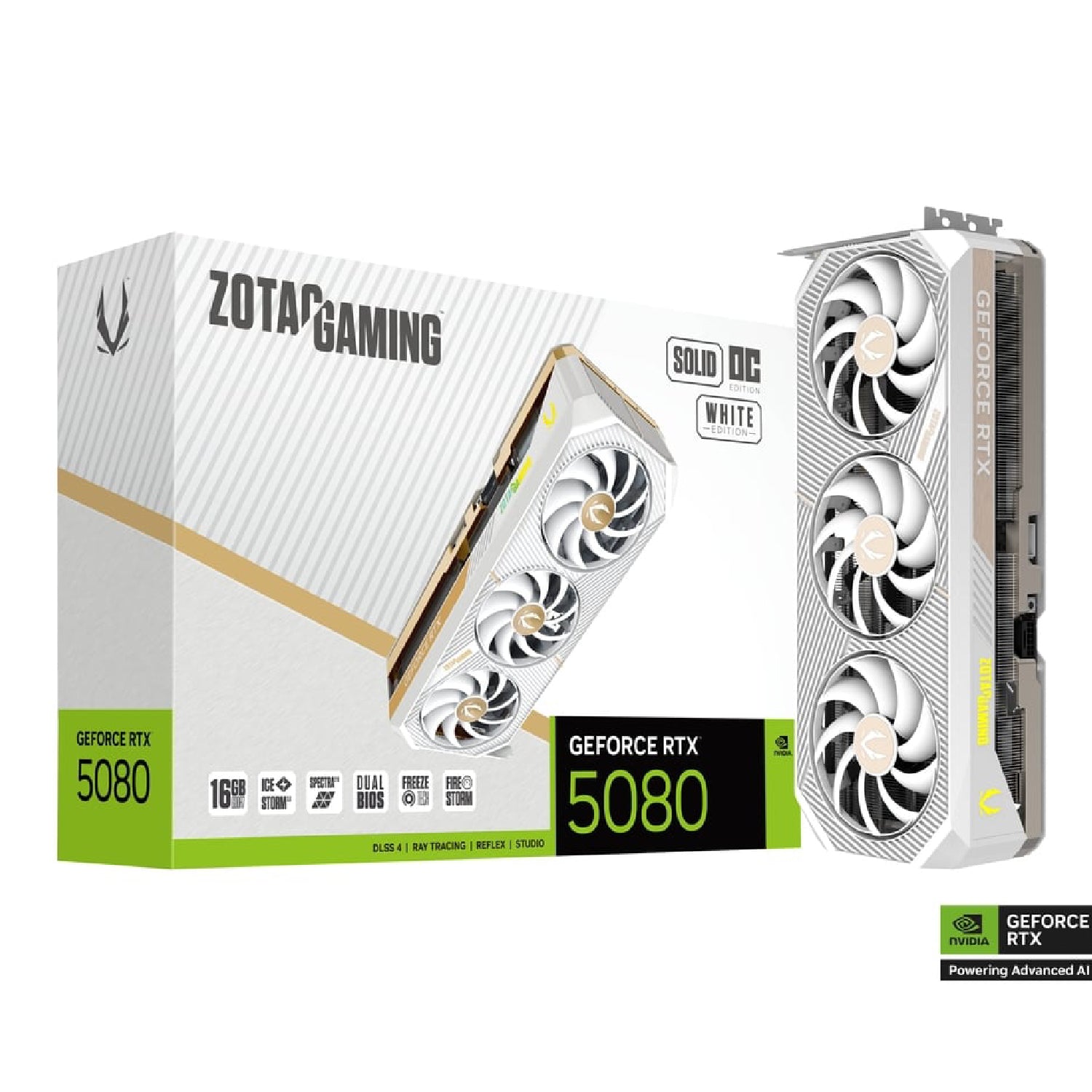 ZOTAC GAMING GeForce RTX 5080 SOLID OC White Edition Graphics Card, 16GB GDDR7 256-Bit Memory, 2640MHz Engine Clock, 30 Gbps Memory Clock, 10752 CUDA Cores, PCI Express 5.0 x16, White - كرت شاشة أبيض