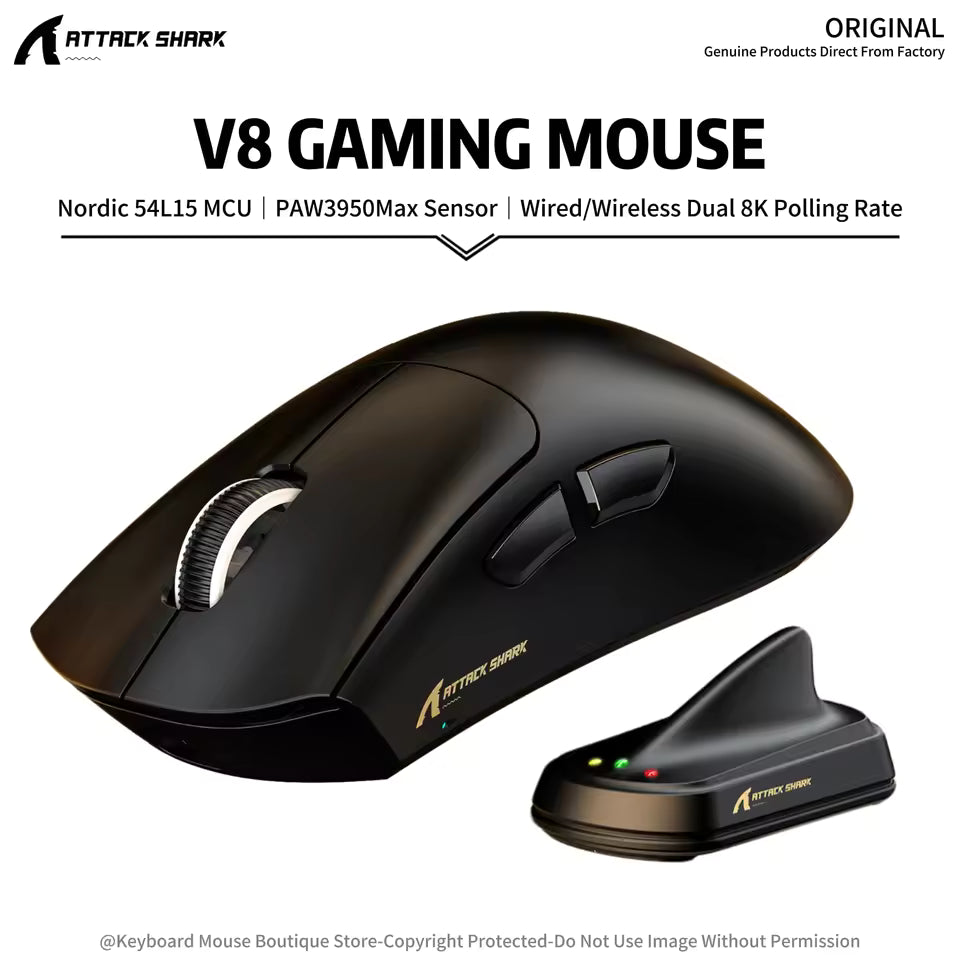 Attack Shark V8 Wireless Gaming Mouse 8000Hz PAW3950MAX Sensor Nordic 54L15, Black - ماوس قيمنق وايرليس Attack Shark V8 Wireless Gaming Mouse 8000Hz PAW3950MAX Sensor Nordic 54L15, Black - ماوس قيمنق وايرليس