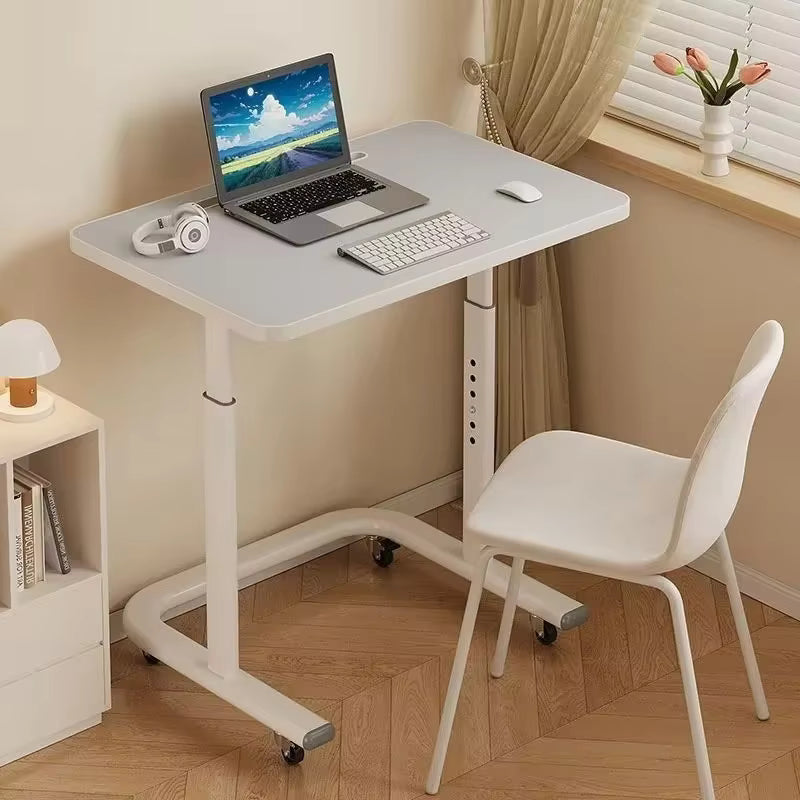 Movable Lifting Bedside & Sofa Side Table (White) – Height Adjustable Mobile Laptop Desk with Lockable Wheels for Study & Work - طاولة