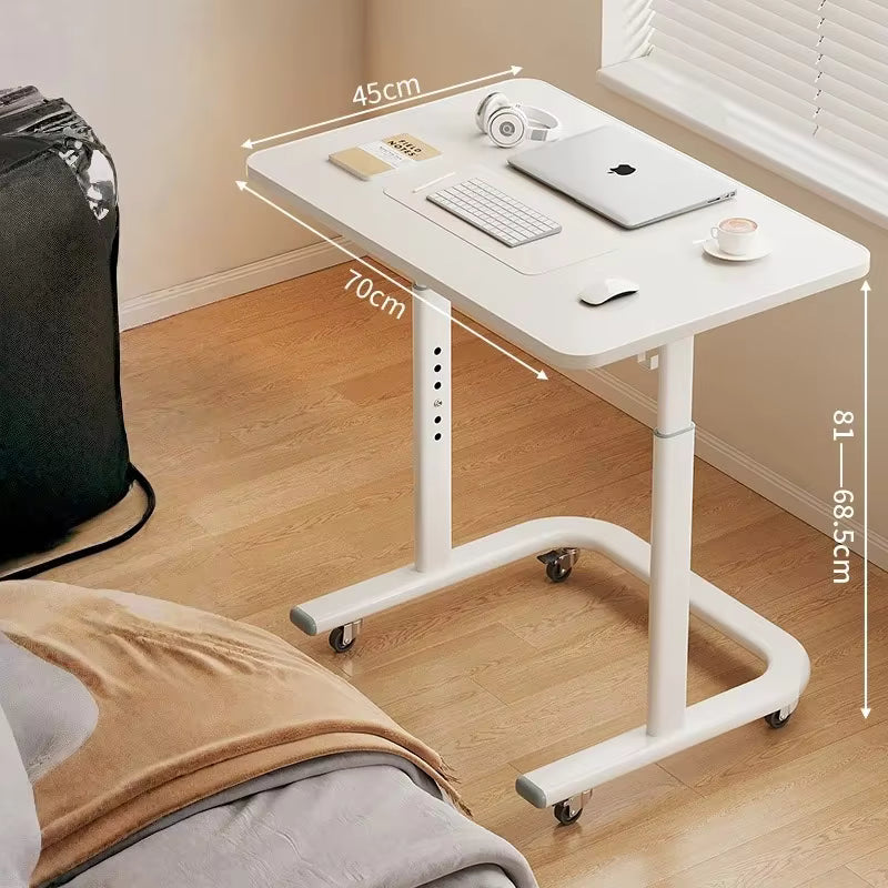 Movable Lifting Bedside & Sofa Side Table (White) – Height Adjustable Mobile Laptop Desk with Lockable Wheels for Study & Work - طاولة