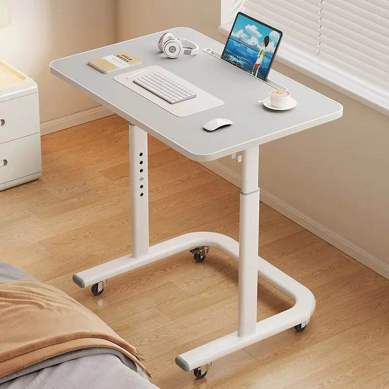Movable Lifting Bedside & Sofa Side Table (White) – Height Adjustable Mobile Laptop Desk with Lockable Wheels for Study & Work - طاولة
