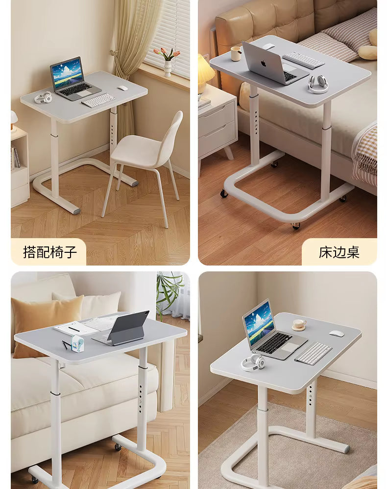 Movable Lifting Bedside & Sofa Side Table (White) – Height Adjustable Mobile Laptop Desk with Lockable Wheels for Study & Work - طاولة