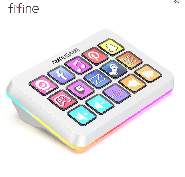 FIFINE D6 Macro Stream Controller App-Triggered Actions with 15-Key Programmable Deck for Live Streaming, for OBS/Twitch/YouTube - White- شاشه اختصارات ابيض