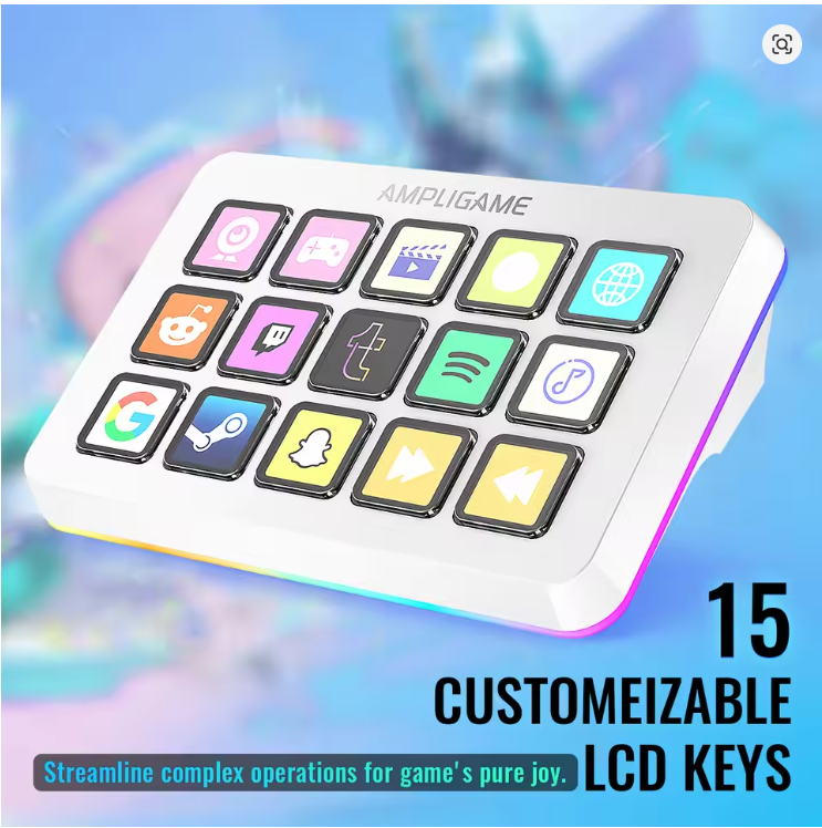 FIFINE D6 Macro Stream Controller App-Triggered Actions with 15-Key Programmable Deck for Live Streaming, for OBS/Twitch/YouTube - White- شاشه اختصارات ابيض