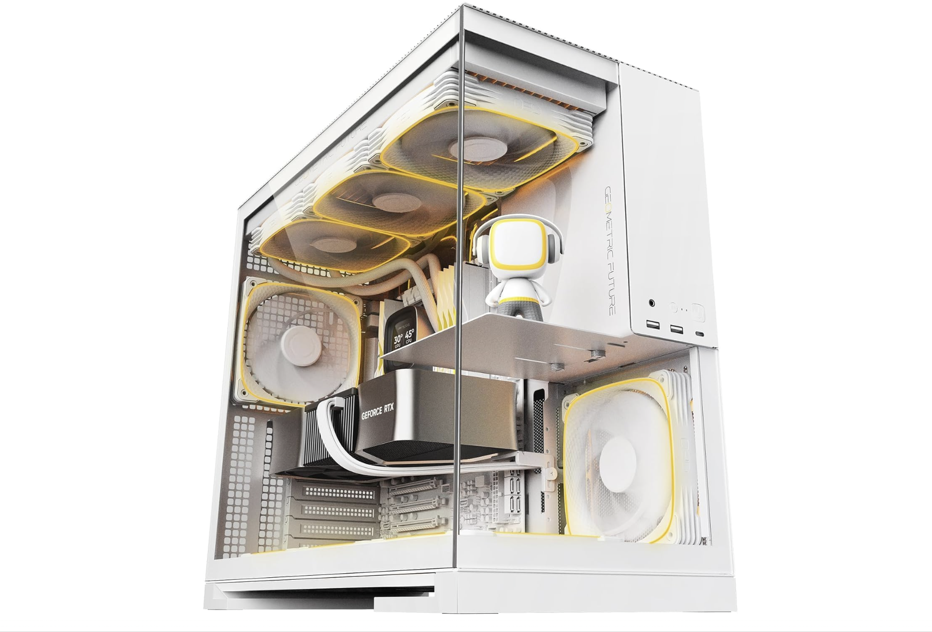 Geometric Future M5 Tempered Glass Mid Tower, E-ATX/ATX Gaming Case, 1.2mm Steel, Type C, Toolless Panels, Support 420/360 Radiator, ARGB PWM 140m Fan x 5 Pre-Installed, White -  كيس أبيض