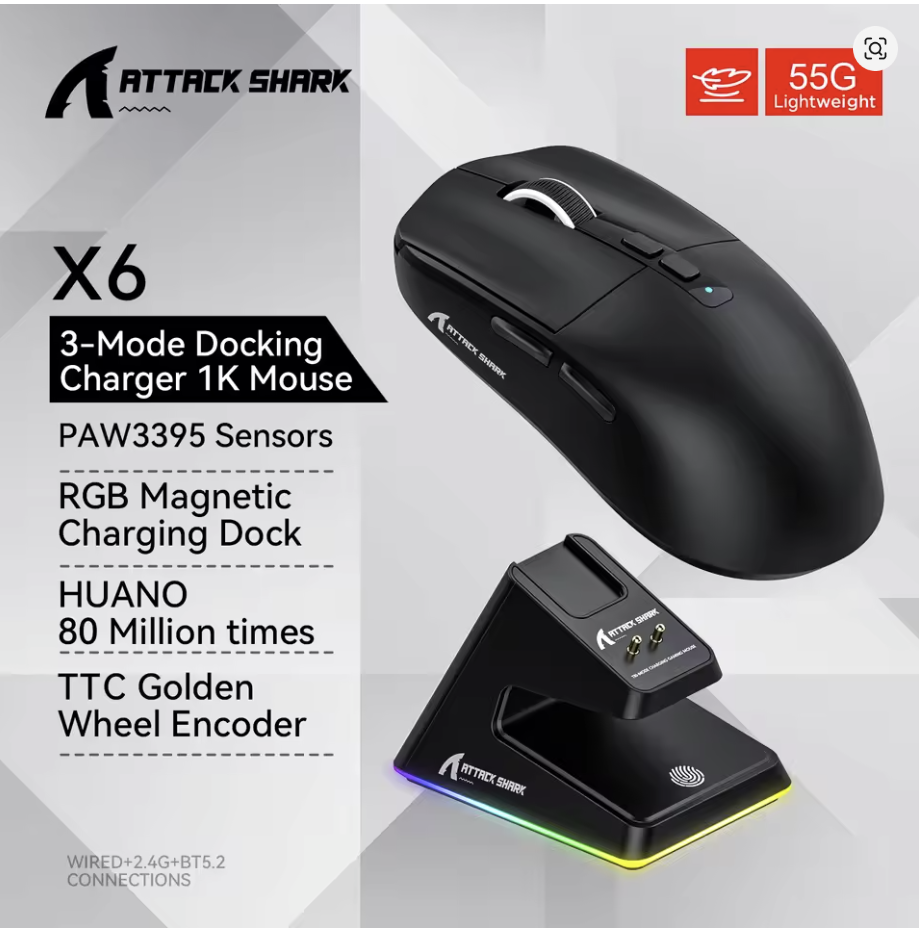 Attack Shark X6 Bluetooth BLACK  Mouse , PixArt PAW3395, Tri-Mode Connection, RGB Touch Magnetic Charging Base, Macro Gaming Mouse -  موس قيمنق