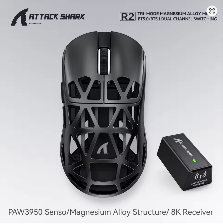 Attack Shark R2 Gaming Wireless Mouse BLACK - PAW3950 8K Magnesium Alloy Lightweight Gaming Mouse Bluetooth Tri-Mode for Gaming/Office - موس قيمنق