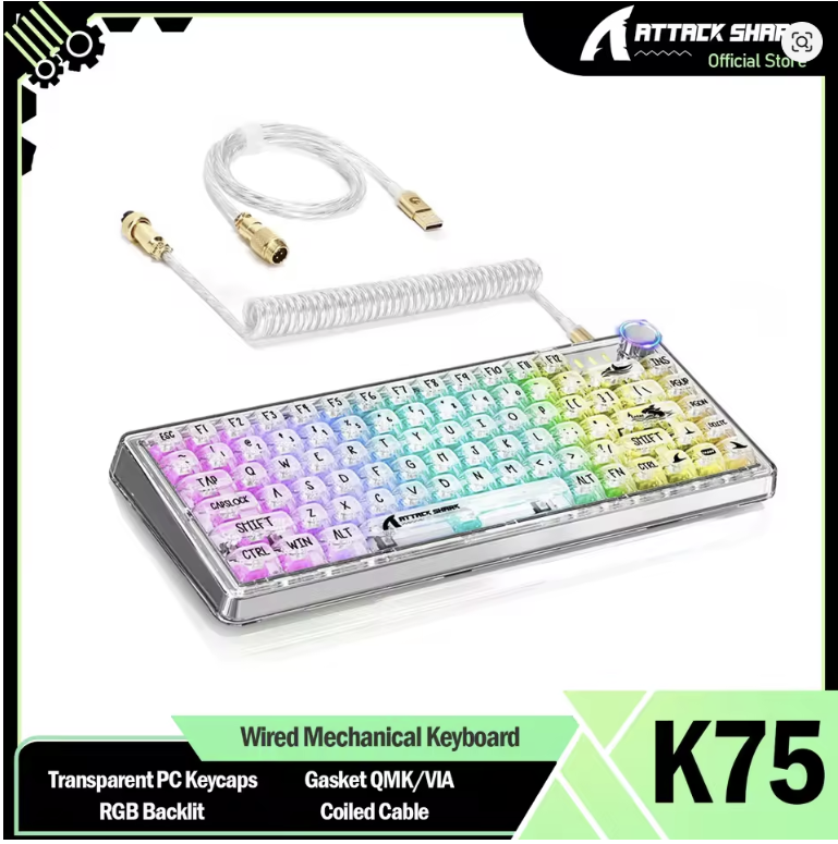 ATTACK SHARK K75 RGB Mechanical Keyboard, Transparent PC Keycaps, Gasket QMK/VIA Keyboard, Linear Switch, Coiled Cable - كيبورد