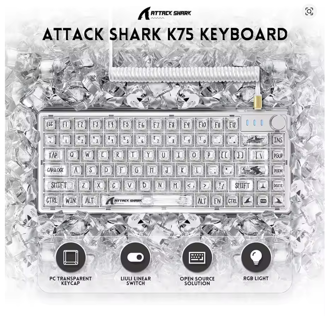 ATTACK SHARK K75 RGB Mechanical Keyboard, Transparent PC Keycaps, Gasket QMK/VIA Keyboard, Linear Switch, Coiled Cable - كيبورد