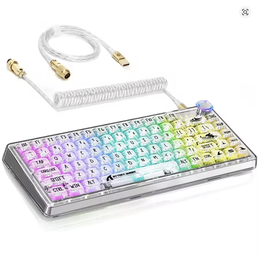 ATTACK SHARK K75 RGB Mechanical Keyboard, Transparent PC Keycaps, Gasket QMK/VIA Keyboard, Linear Switch, Coiled Cable - كيبورد