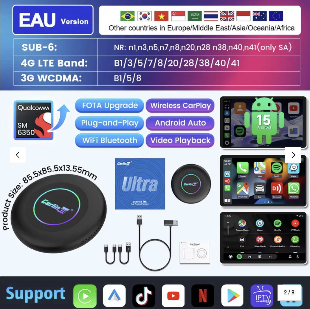 Carlinkit Ultra 2 Android 15 CarPlay Ai Box Wireless Android Auto Video Adapter Support Youtube Netflix TF SIM Card 128GB WiFi 6