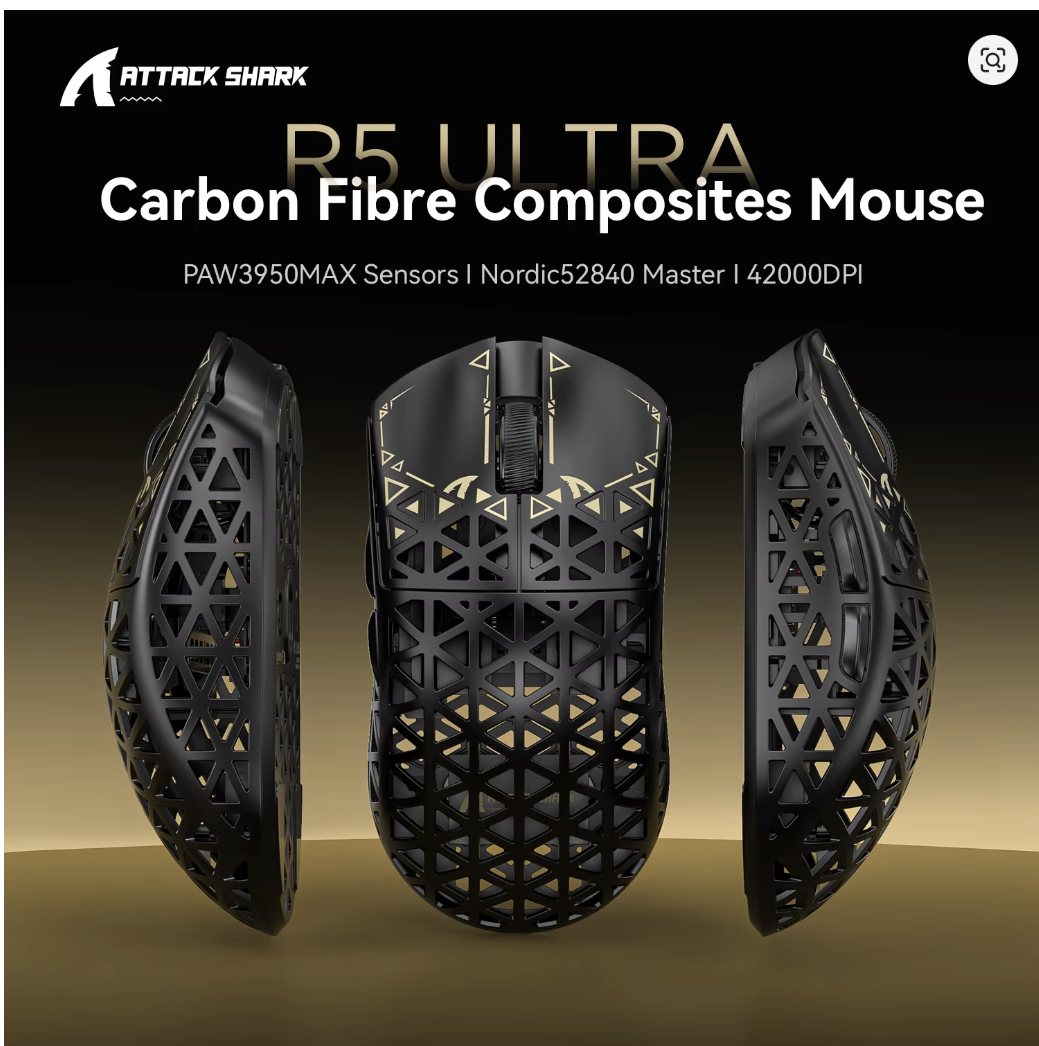 ATTACK SHARK R5 Tri-mode Ultra Wireless Gaming Mouse Carbon Fiber 8K ,PAW3950MAX ,8000Hz Wireless Polling Rate, DPI up to 42000 - موس قيمنق لاسلكي