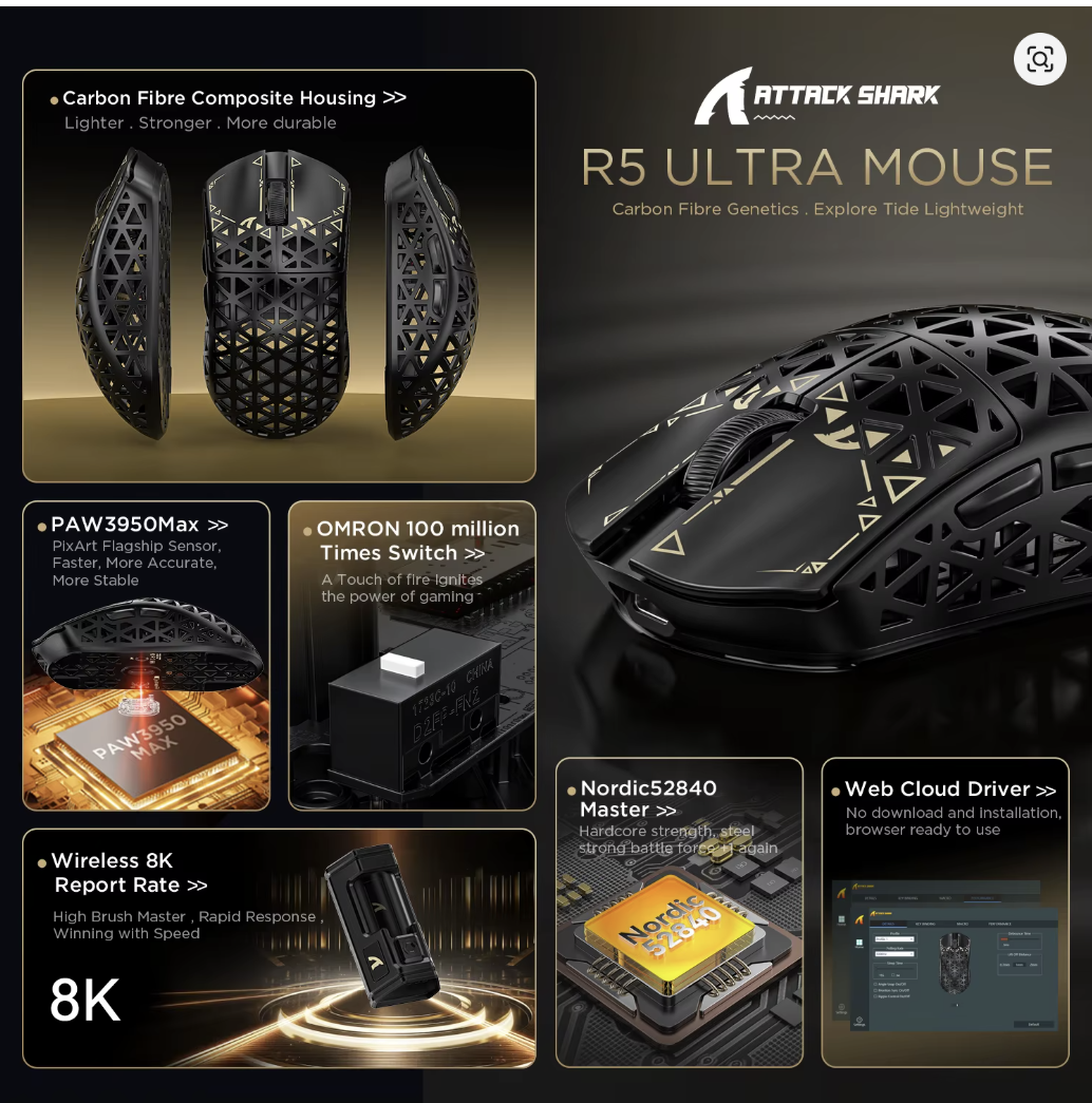 ATTACK SHARK R5 Tri-mode Ultra Wireless Gaming Mouse Carbon Fiber 8K ,PAW3950MAX ,8000Hz Wireless Polling Rate, DPI up to 42000 - موس قيمنق لاسلكي