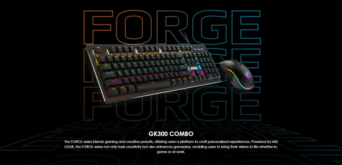 MSI Forge GK300 RGB Gaming Combo – Clicky Mechanical Blue Switches, 7200 DPI Optical Mouse, 9-Mode RGB & Floating Keycaps - ماوس وكيبورد ميكانيكي