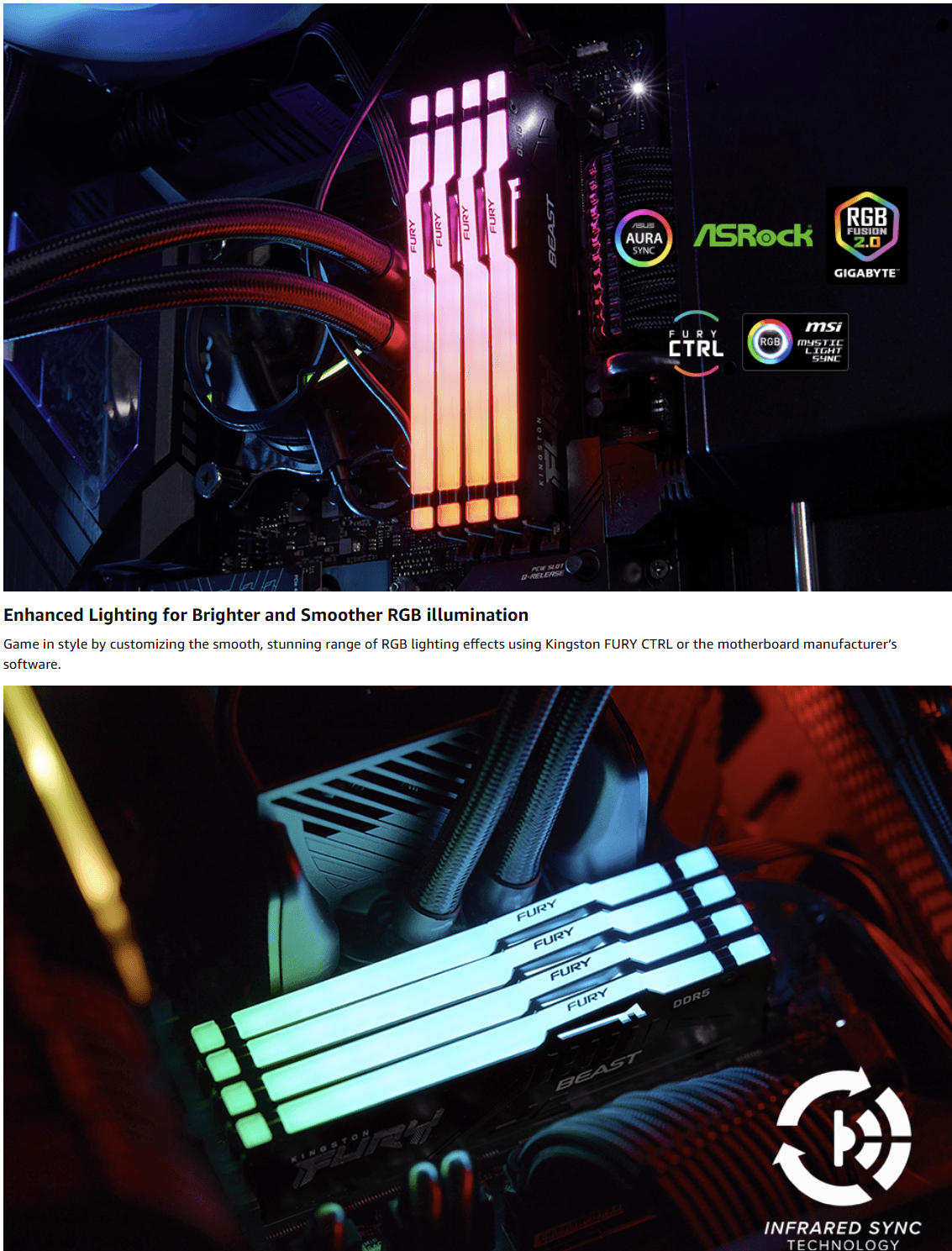 Kingston FURY Beast RGB 64GB 5200MT/s DDR5 CL40 DIMM Desktop Memory (Kit of 2) | Intel XMP 3.0 | Infrared Sync Technology | Overclocking Stability - رامات ار حي بي