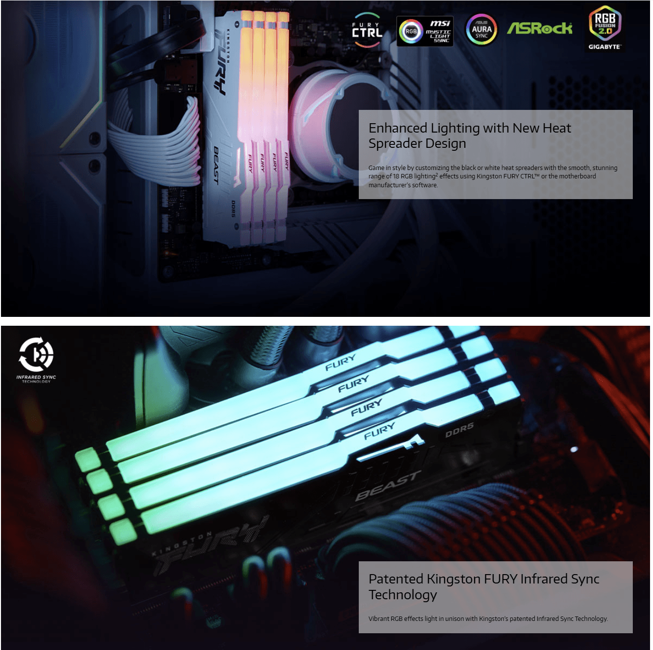 Kingston FURY Beast White RGB 32GB (2x16GB) 5200MT/s CL36 DDR5 Expo DIMM | Infrared Syncing | FURY CTRL Software | Overclocking | Plug N Play | AMD Expo | Kit of 2