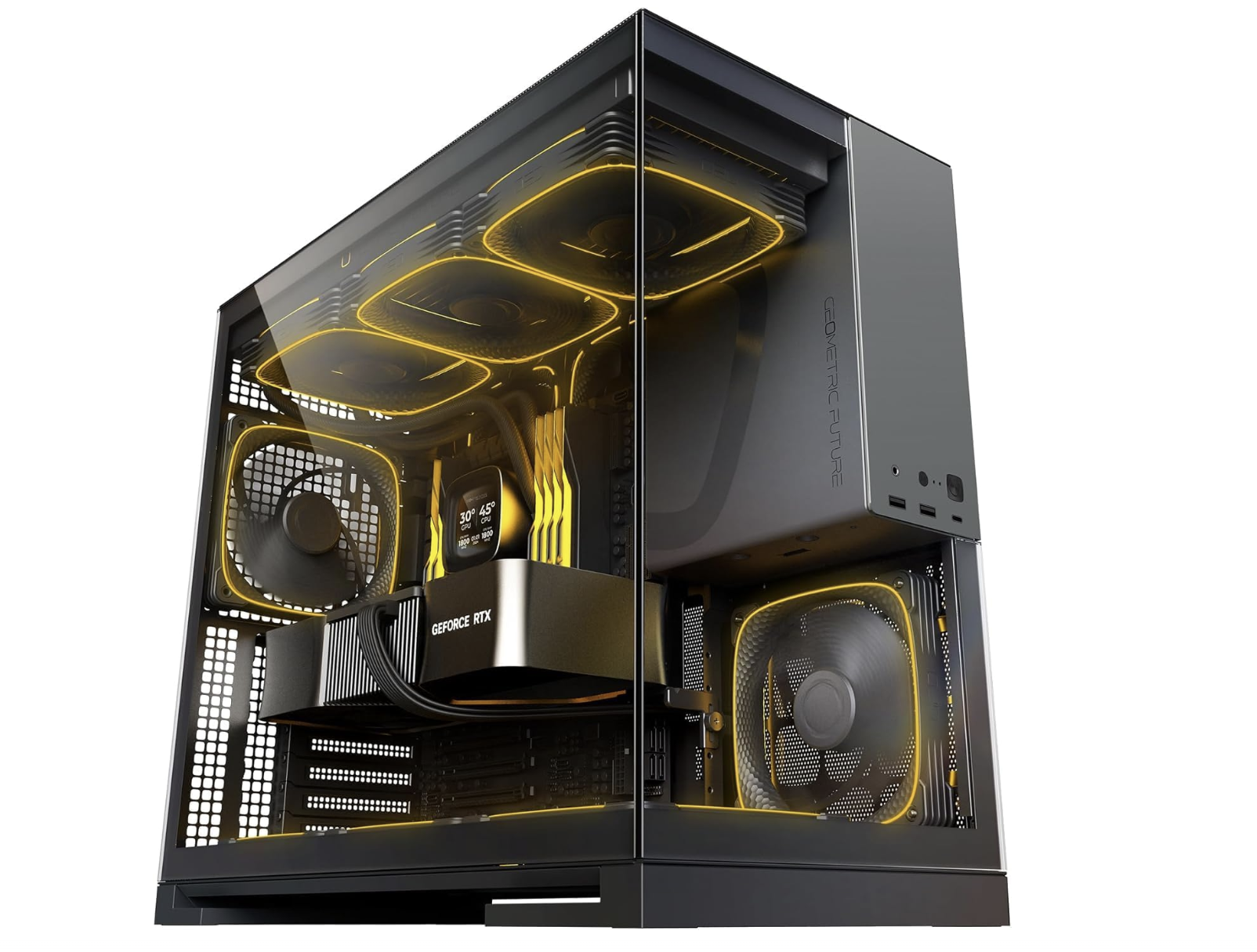 Geometric Future M5 Tempered Glass Mid Tower, E-ATX/ATX Gaming Case, 1.2mm Steel, Type C, Toolless Panels, Support 420/360 Radiator, ARGB PWM 140m Fan x 5 Pre-Installed, Black/Grey - كيس