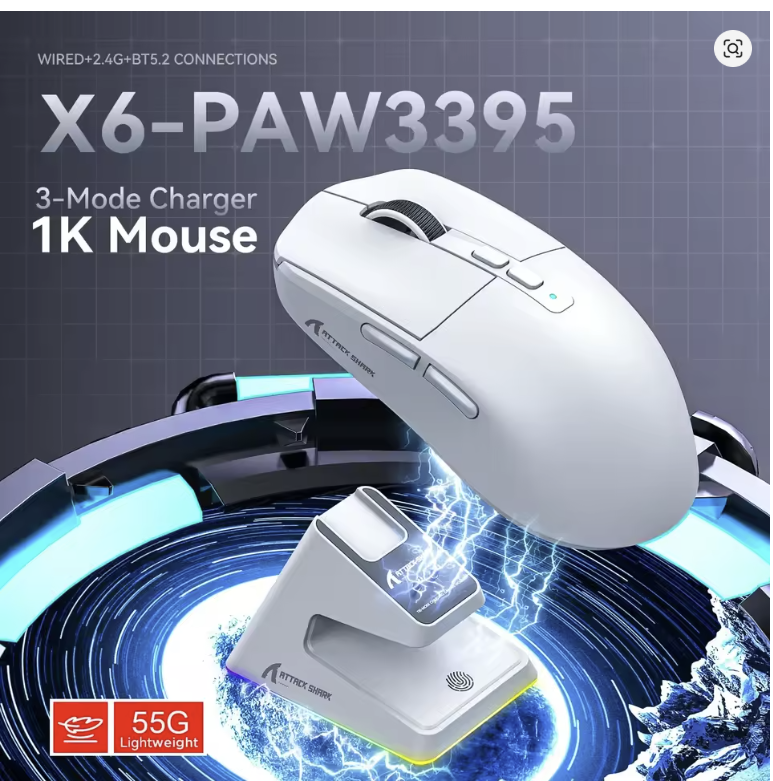 Attack Shark X6 Bluetooth WHITE Mouse , PixArt PAW3395, Tri-Mode Connection, RGB Touch Magnetic Charging Base, Macro Gaming Mouse - موس قيمنق