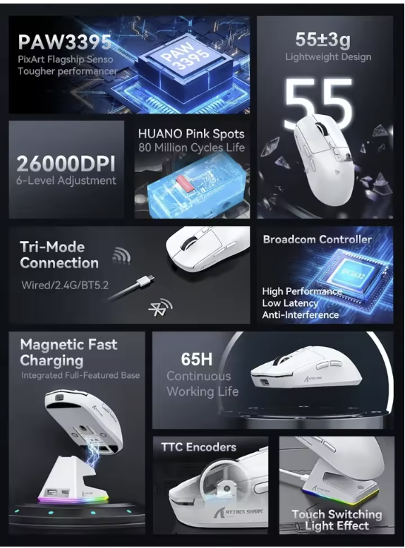 Attack Shark X6 Bluetooth BLACK  Mouse , PixArt PAW3395, Tri-Mode Connection, RGB Touch Magnetic Charging Base, Macro Gaming Mouse -  موس قيمنق