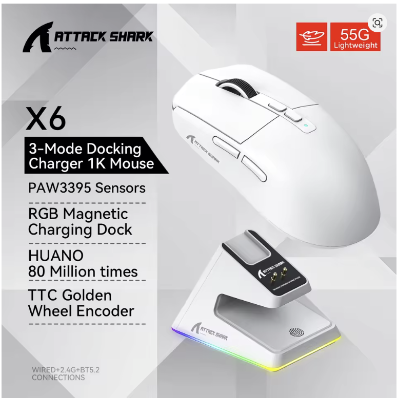 Attack Shark X6 Bluetooth WHITE Mouse , PixArt PAW3395, Tri-Mode Connection, RGB Touch Magnetic Charging Base, Macro Gaming Mouse - موس قيمنق