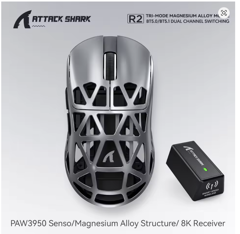 Attack Shark R2 Gaming Wireless Mouse SILVER- PAW3950 8K Magnesium Alloy Lightweight Gaming Mouse Bluetooth Tri-Mode for Gaming/Office -  موس قيمنق