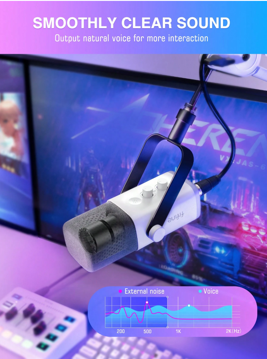 مجموعة معدات الألعاب FIFINE، مجموعة ميكروفون ألعاب XLR/USB ديناميكي مع خلاط صوت متدفق لتسجيل صوتي للفيديو، مجموعة ألعاب RGB مع واجهة خافت الصوت/XLR للكمبيوتر الشخصي AmpliGame KS5 - مايك ومكسر أحترافي 