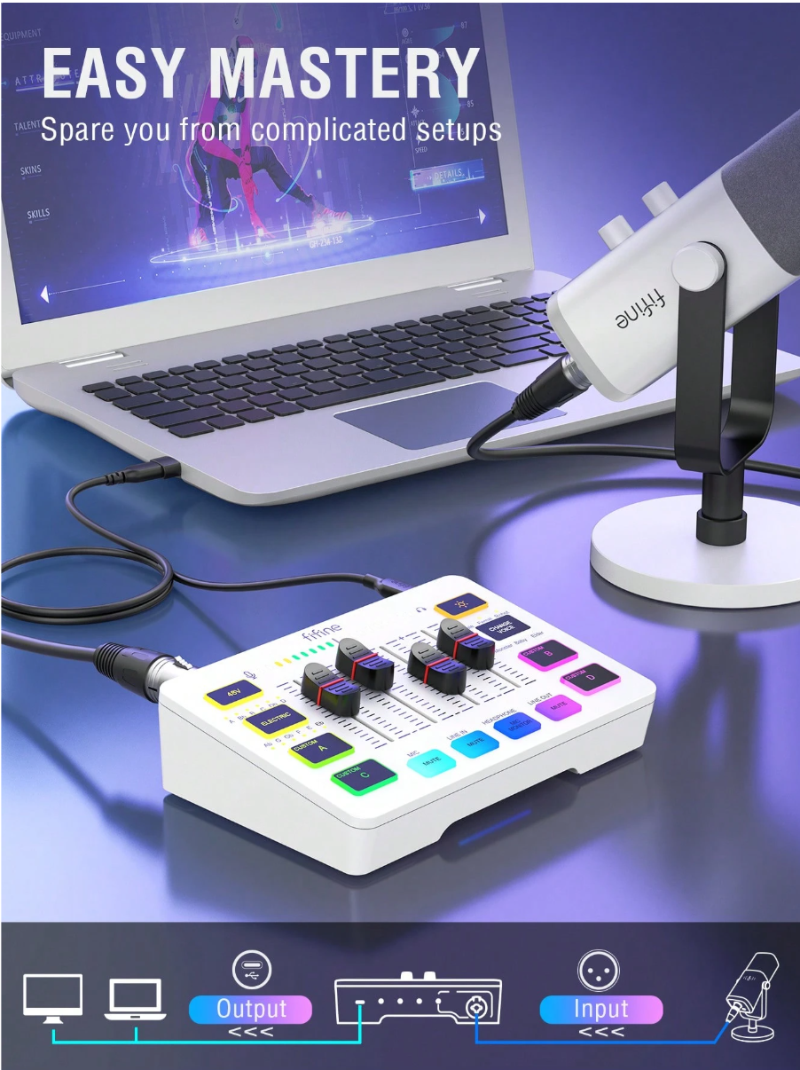 مجموعة معدات الألعاب FIFINE، مجموعة ميكروفون ألعاب XLR/USB ديناميكي مع خلاط صوت متدفق لتسجيل صوتي للفيديو، مجموعة ألعاب RGB مع واجهة خافت الصوت/XLR للكمبيوتر الشخصي AmpliGame KS5 - مايك ومكسر أحترافي 