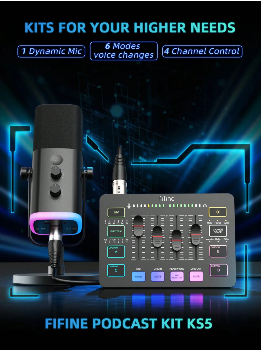 مجموعة معدات الألعاب FIFINE، مجموعة ميكروفون ألعاب XLR/USB ديناميكي مع خلاط صوت متدفق لتسجيل صوتي للفيديو، مجموعة ألعاب RGB مع واجهة خافت الصوت/XLR للكمبيوتر الشخصي AmpliGame KS5 - مايك ومكسر أحترافي 