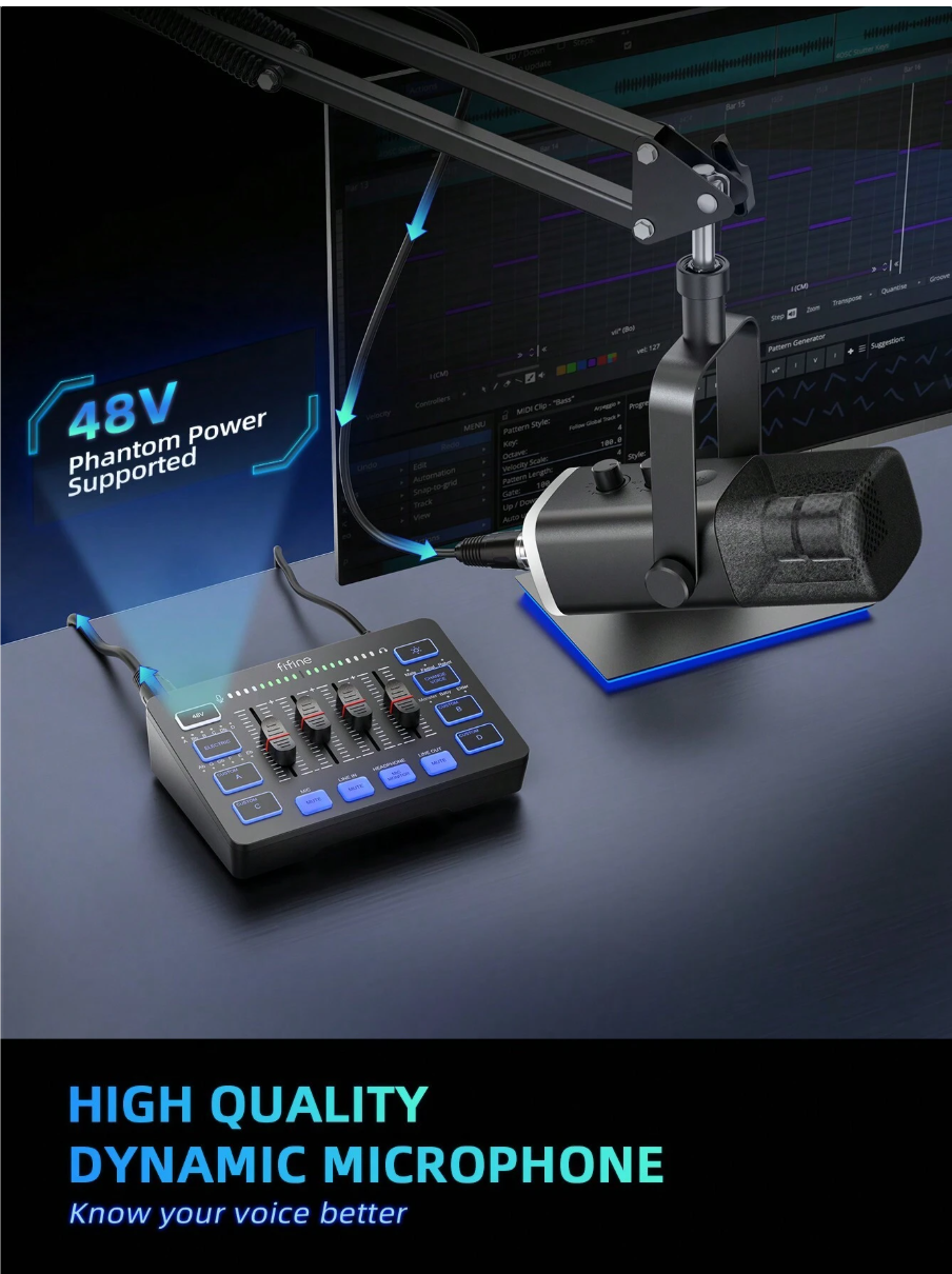 مجموعة معدات الألعاب FIFINE، مجموعة ميكروفون ألعاب XLR/USB ديناميكي مع خلاط صوت متدفق لتسجيل صوتي للفيديو، مجموعة ألعاب RGB مع واجهة خافت الصوت/XLR للكمبيوتر الشخصي AmpliGame KS5 - مايك ومكسر أحترافي 