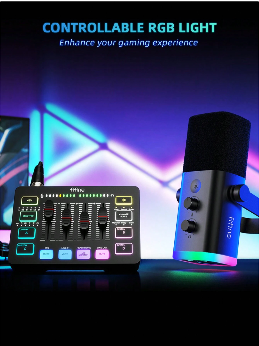 مجموعة معدات الألعاب FIFINE، مجموعة ميكروفون ألعاب XLR/USB ديناميكي مع خلاط صوت متدفق لتسجيل صوتي للفيديو، مجموعة ألعاب RGB مع واجهة خافت الصوت/XLR للكمبيوتر الشخصي AmpliGame KS5 - مايك ومكسر أحترافي 