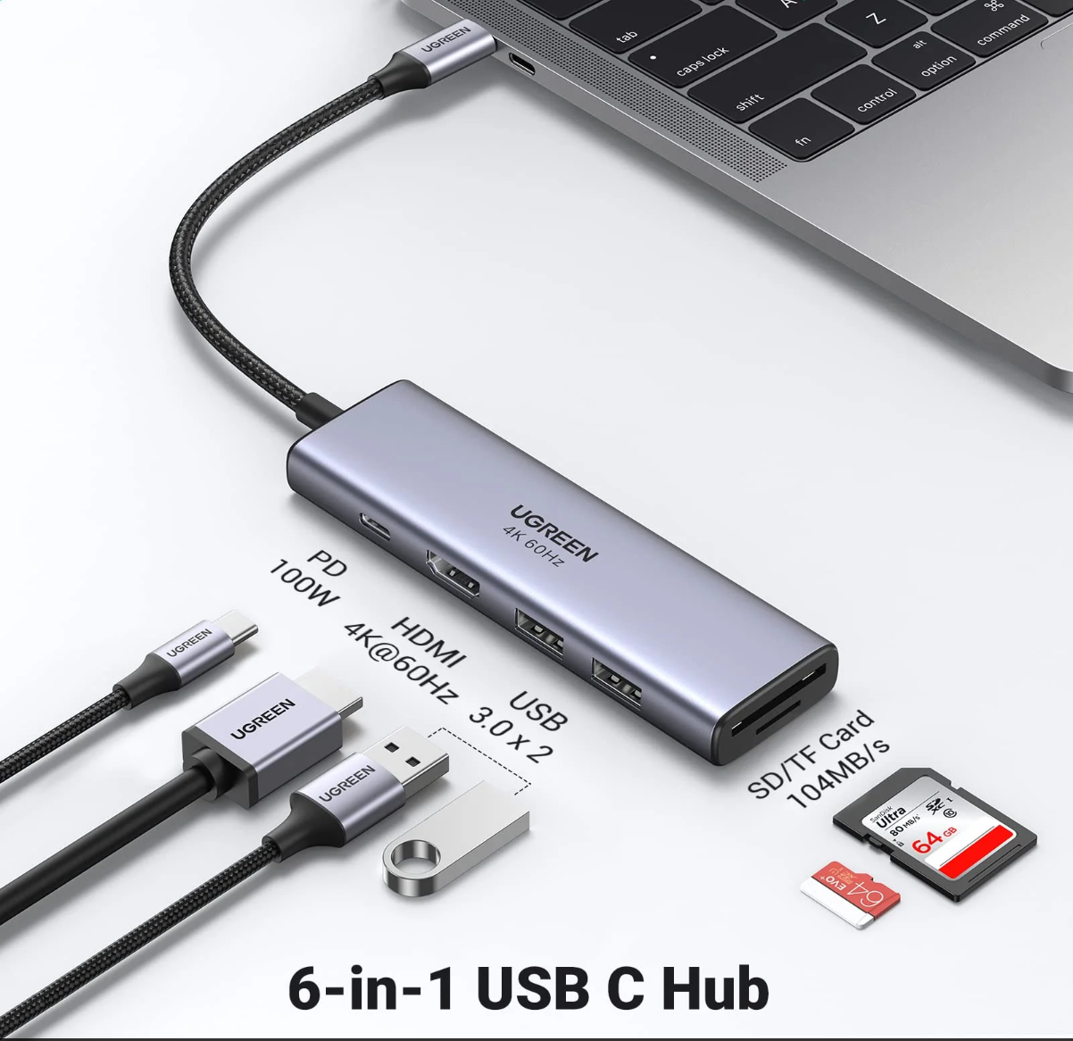 UGREEN USB C Hub 4K 60Hz, 6-in-1 USB C to USB Adapter-موزع منافذ