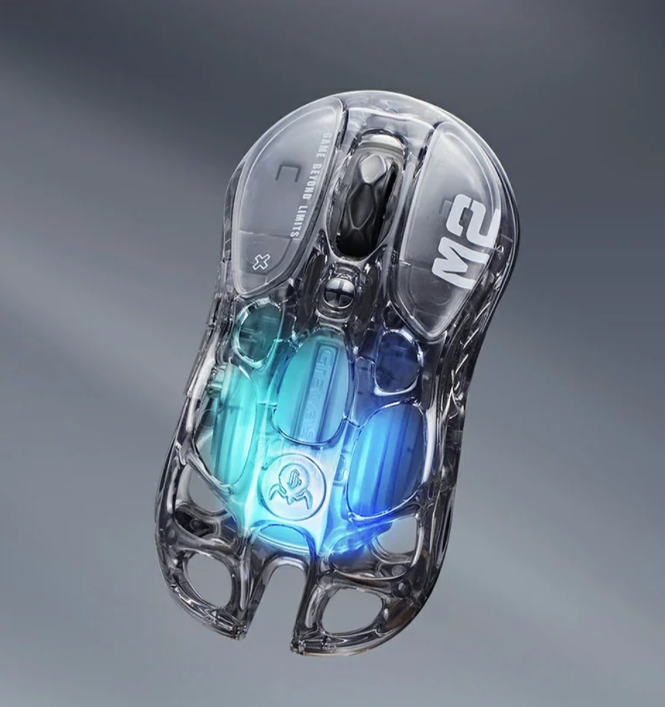 GravaStar Mercury M2 Wireless Gaming Mousewith 26,000 DPI, PAW3395DM Sensor -79g Lightweight Hollowed-Out Design -5 Programmable Buttons -5 Dynamic Lightsync RGB - Transparent Black-ماوس وايرليس