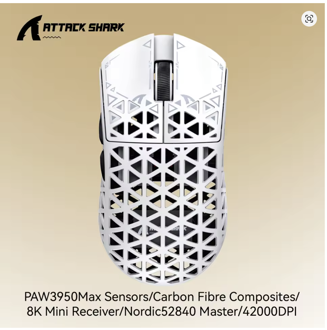 ATTACK SHARK R5 Tri-mode Ultra Wireless Gaming Mouse Carbon Fiber 8K ,PAW3950MAX ,8000Hz Wireless Polling Rate, DPI up to 42000-WHITE - موس قيمنق لاسلكي