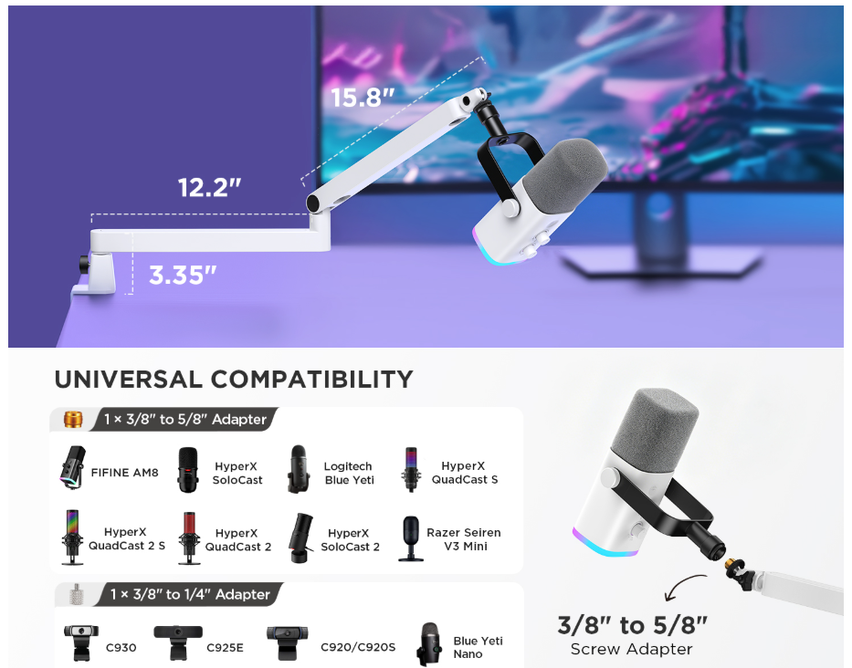 InnoGear 2026 Upgraded Microphone Boom Arm, Magnetic Cable Management Low Profile Mic Stand 360° Rotatable Desk Mount for Fifine AM8 K669B Blue Yeti HyperX QuadCast SoloCast AT2020, White