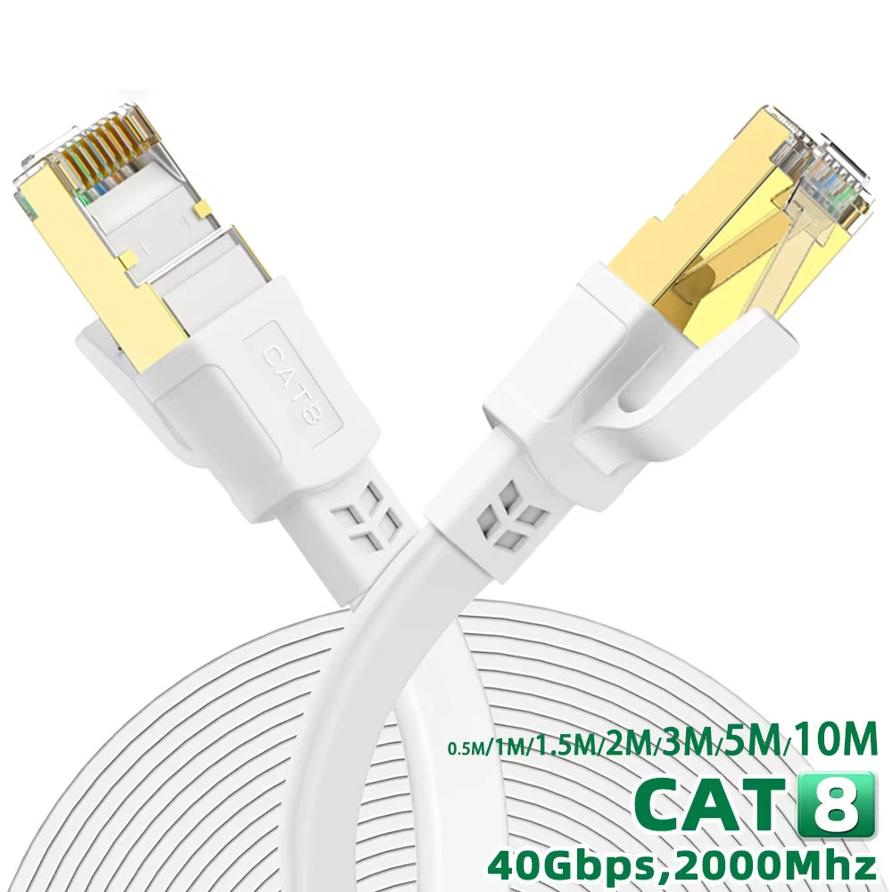 Ethernet Cable Cat 8 10Ft (3M) Cat8 Internet Cable Flat Gigabit High Speed Shielded RJ45 LAN Cable, White - 3M كيبل نت