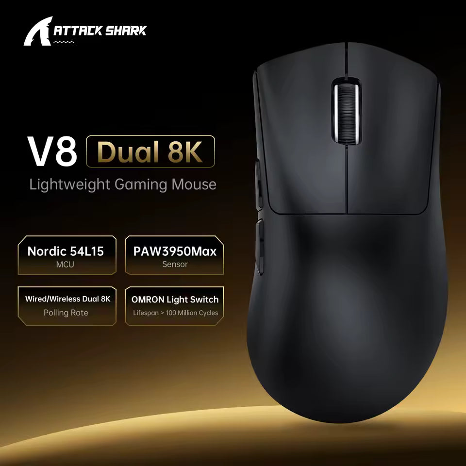 Attack Shark V8 Wireless Gaming Mouse 8000Hz PAW3950MAX Sensor Nordic 54L15, Black - ماوس قيمنق وايرليس